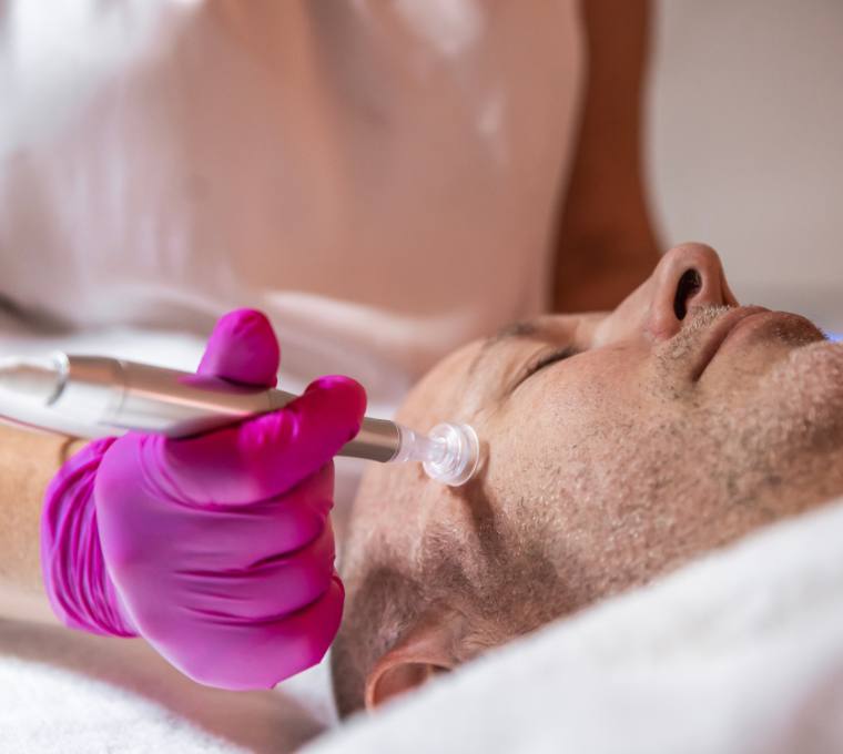 Nahaufnahme einer Kosmetikerin mit pinken Handschuhen, die einem Mann eine Dermatude Meta Therapy im Gesicht durchführt.