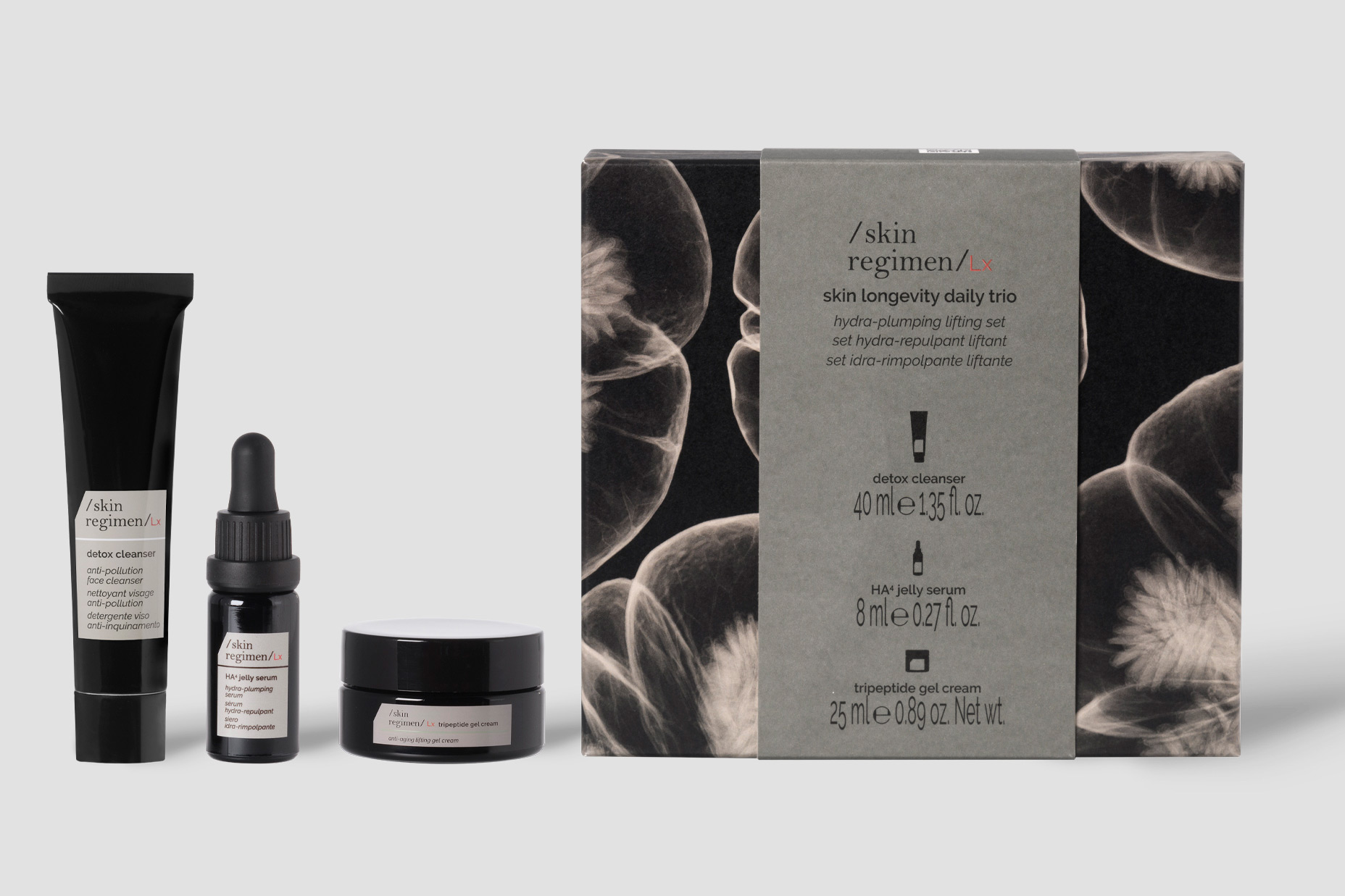 Skin Longevity Daily Trio – Pflegeset von /skin regimen/ Pflegeset „Skin Longevity Daily Trio“ der Marke /skin regimen/, bestehend aus drei Produkten: einem schwarzen Reinigungsgel in Tubenform, einem kleinen Serumfläschchen mit Pipette und einer runden Creme-Dose. Rechts daneben eine schwarz-graue Produktverpackung mit floralem Muster und Produktinfos.